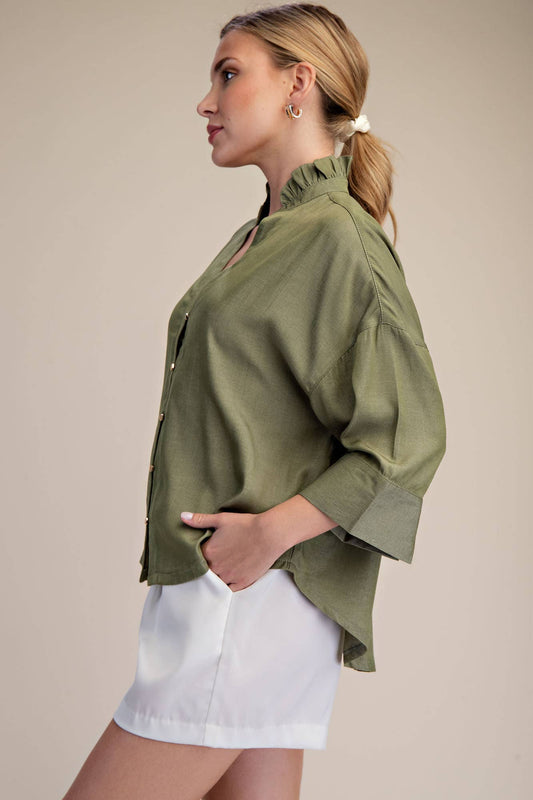 Ruffle V-neck Wide Short Sleeve Shirt