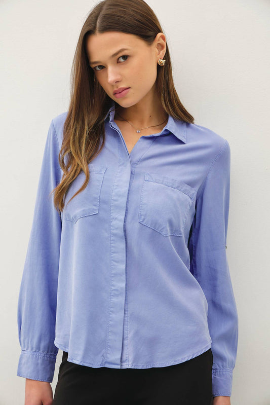 Tencel Rolled Cuff Button Down Top
