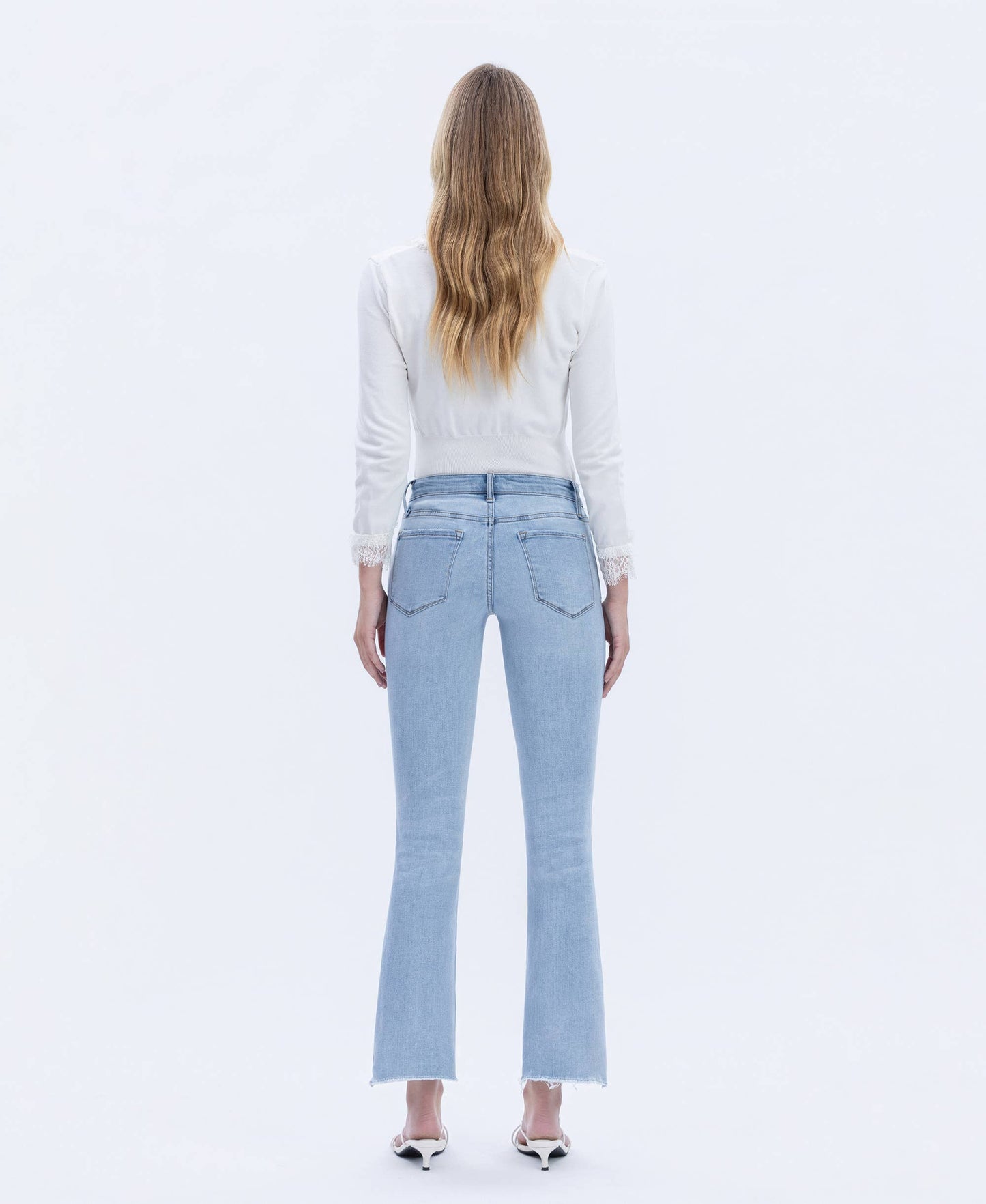 High Rise Raw Step Hem Crop Flare Jeans