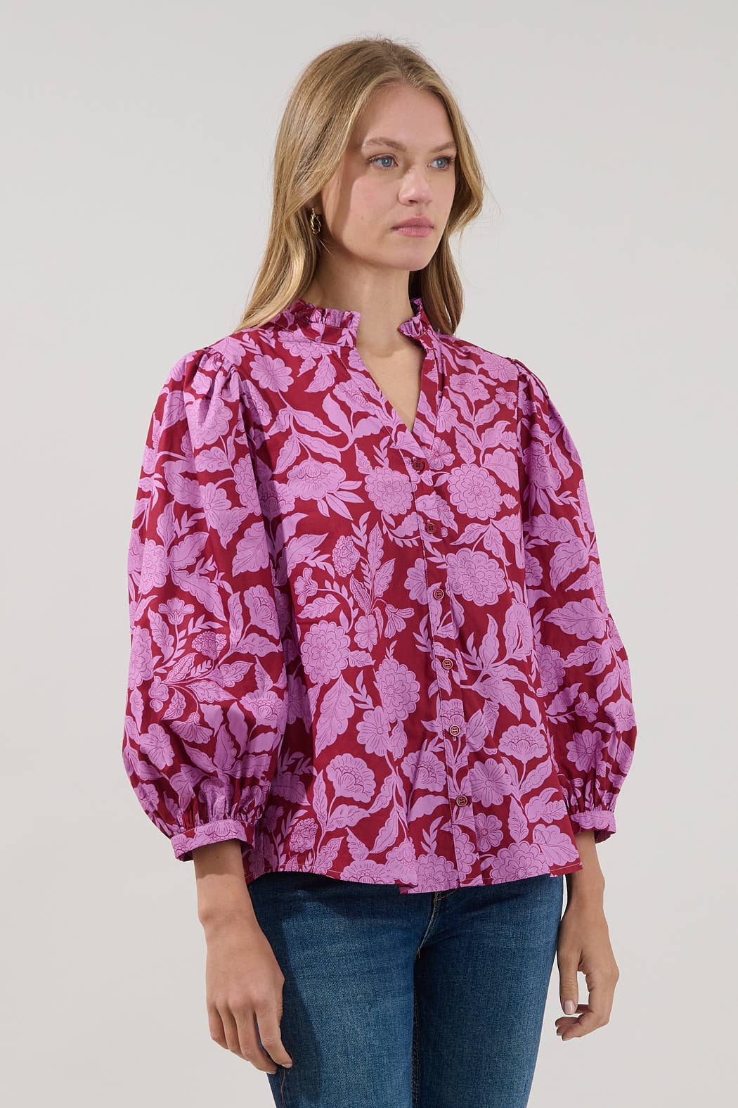 Balloon Sleeves Ruffle Neck Floral Top