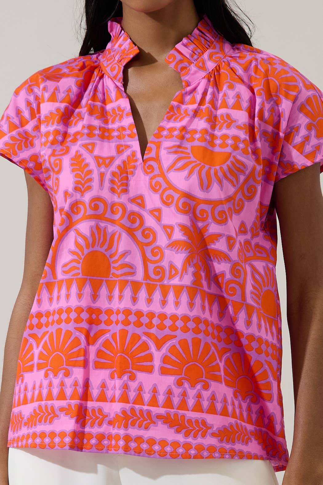 Tropical Ruffle Neck Top