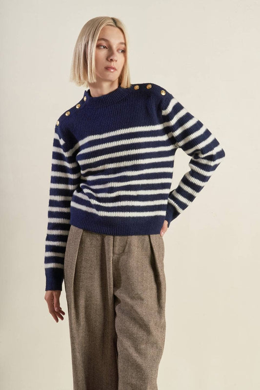 Button Shoulder Striped Sweater