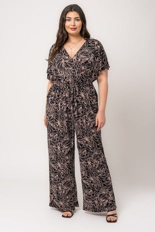 Short Sleeve Tie Waist Faux Wrap Jumpsuit