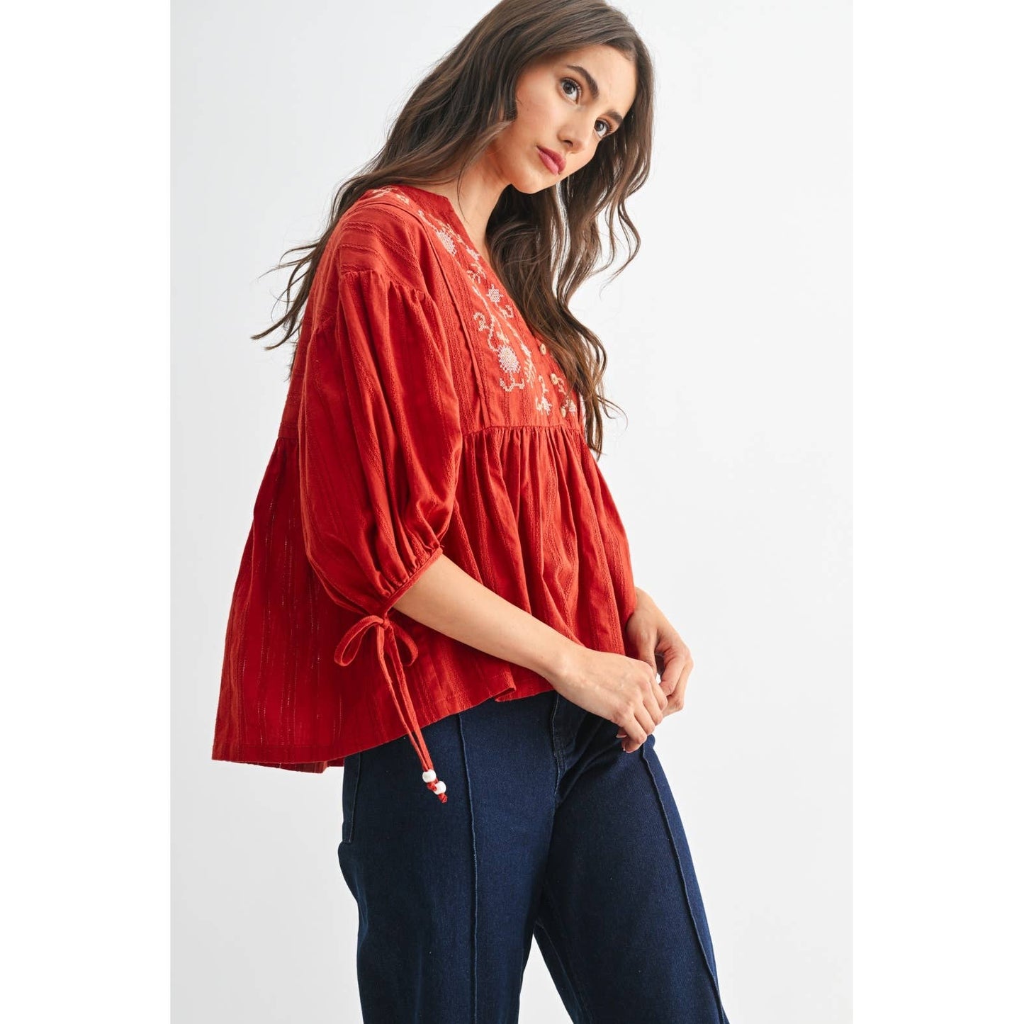 Embroidered V-Neck Boho Blouse Top