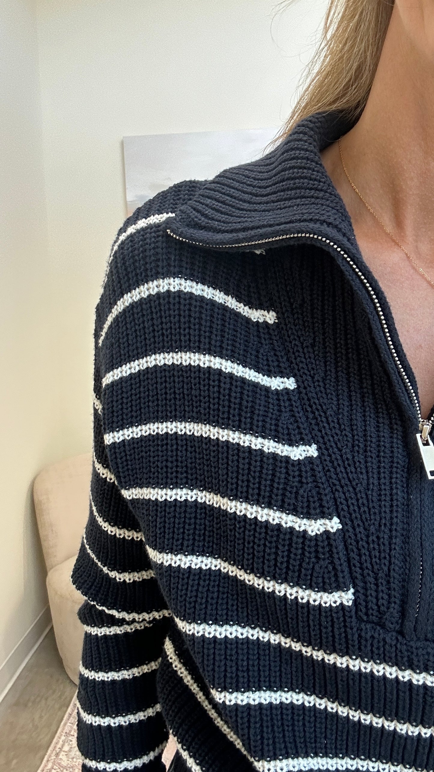 Spread Collar Half Zip Striped Sweater