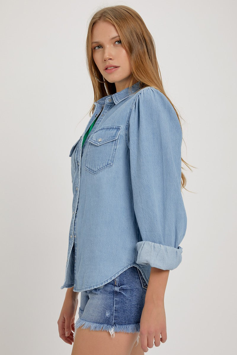 Shirring Sleeve Relaxed Denim Shirt