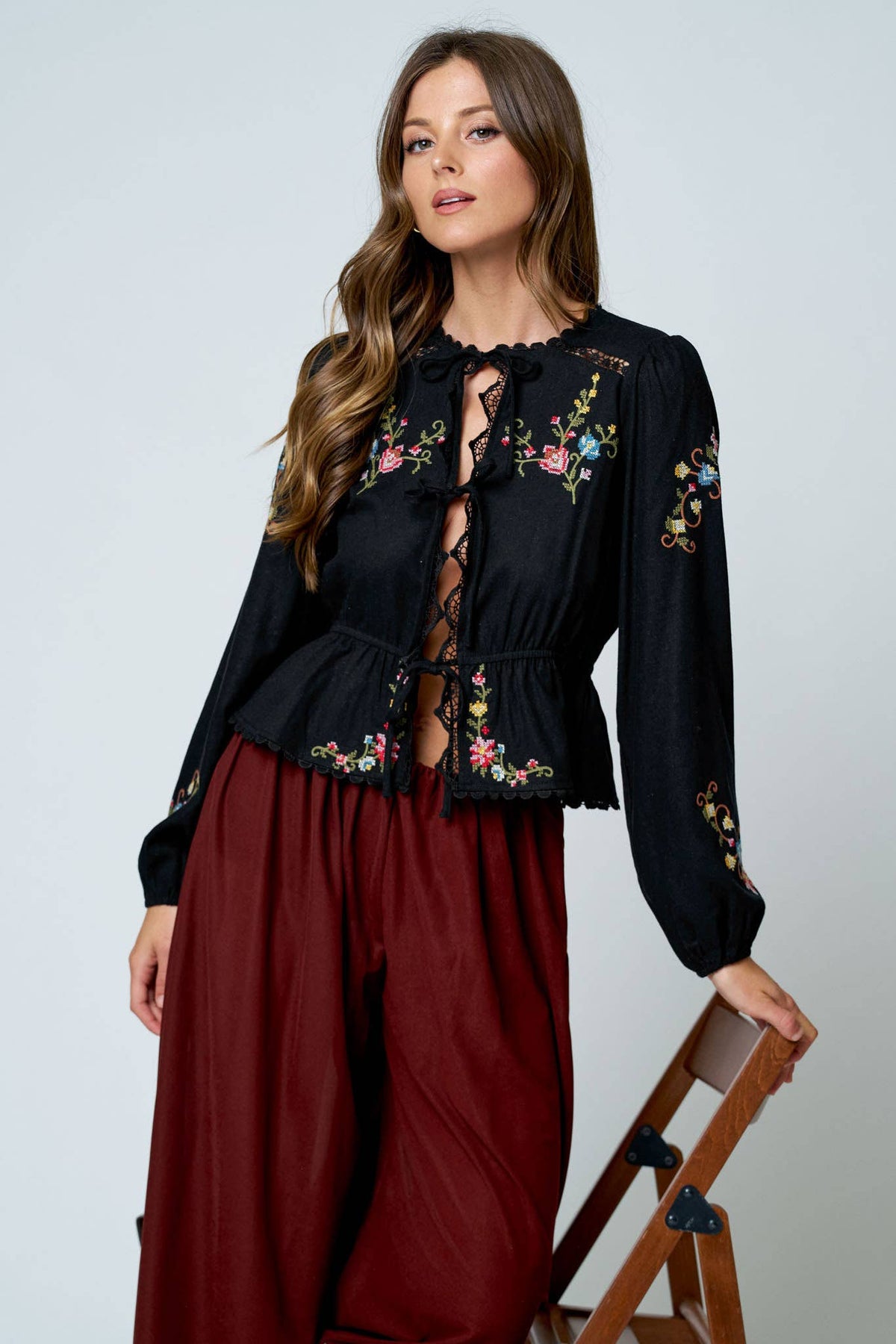 Embroidered Crochet Front Tie Top