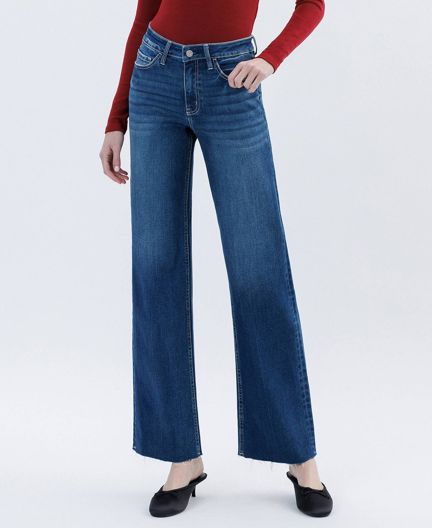 High Rise Raw Hem Slim Wide Jeans