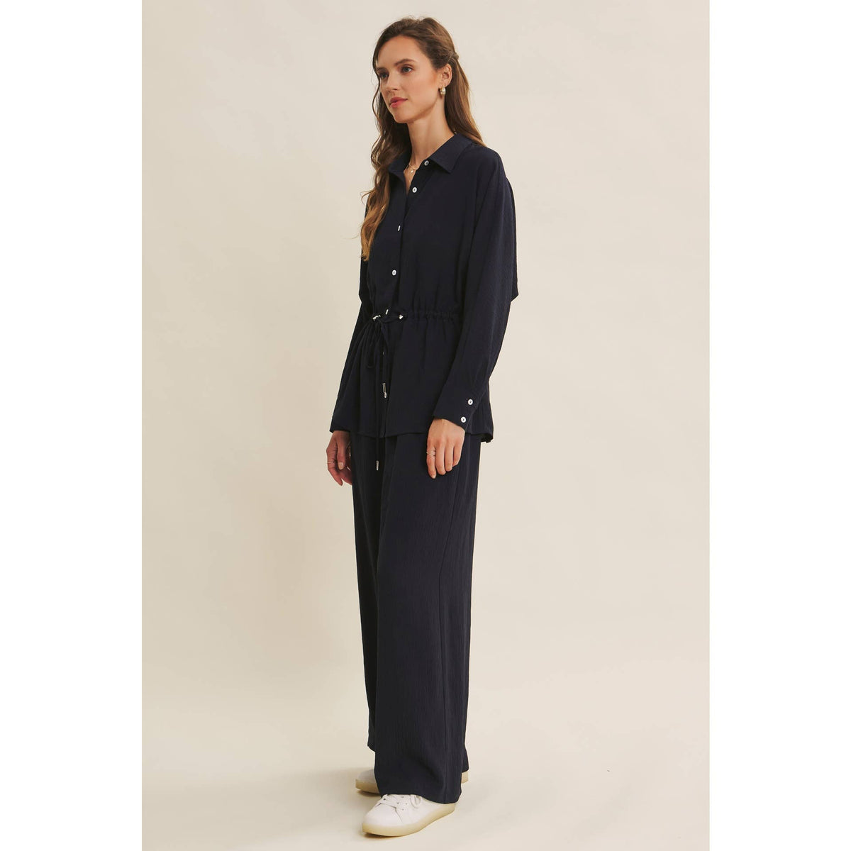 Drawstring Waist Button Down Shirt