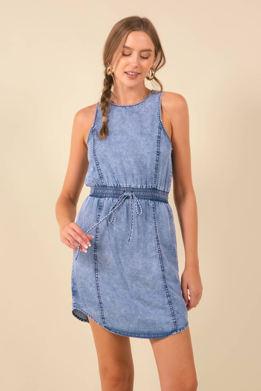 Drawstring Waist Sleeveless Denim Dress