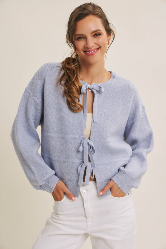 Brushed Fabric Three Bow Cardigan Sweater