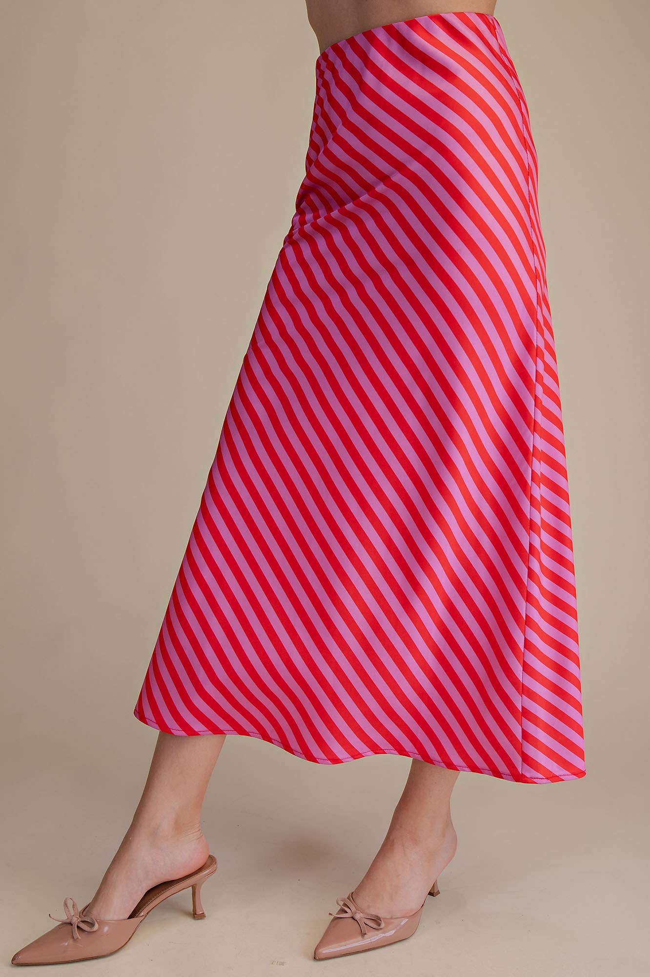 Diagonal Striped Satin Midi Skirt