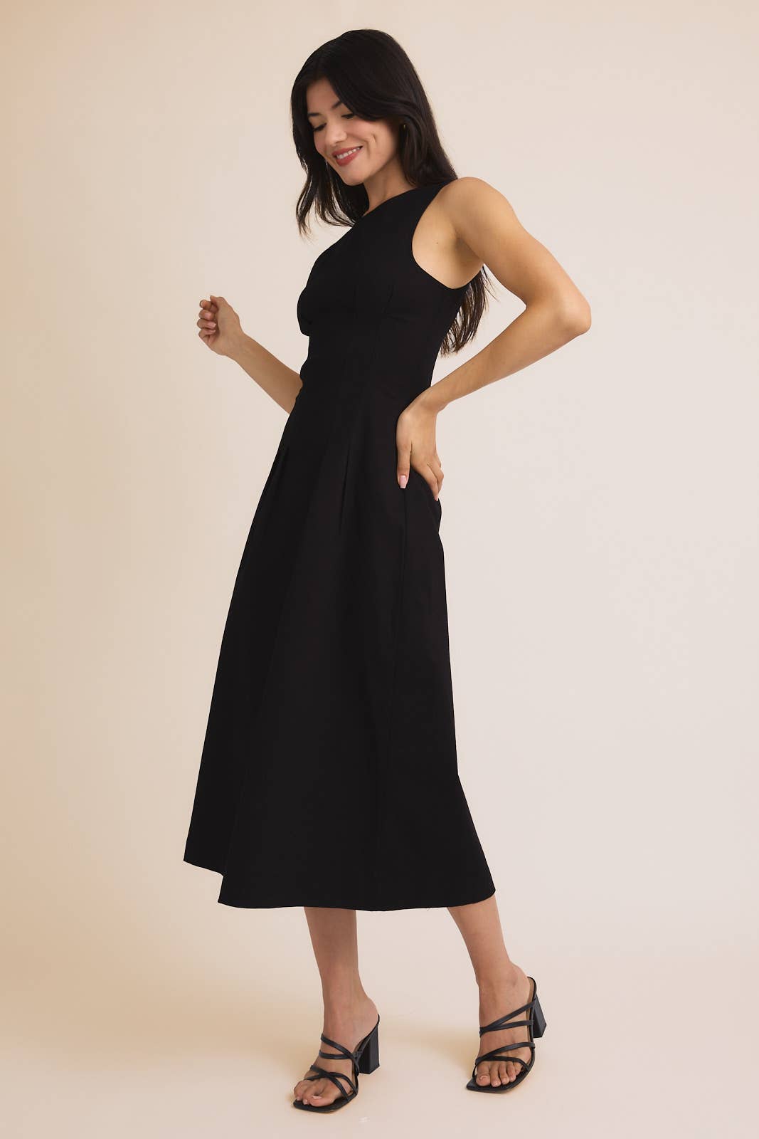 Sleeveless Pleated Twill Midi Dress