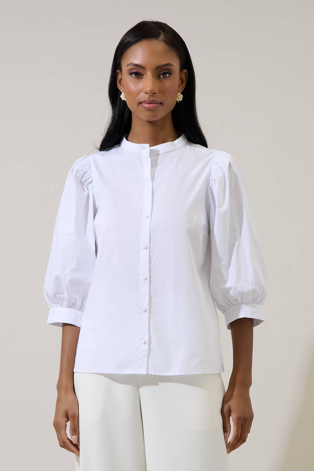 Crew Neck Button Up Puff Sleeve Shirt