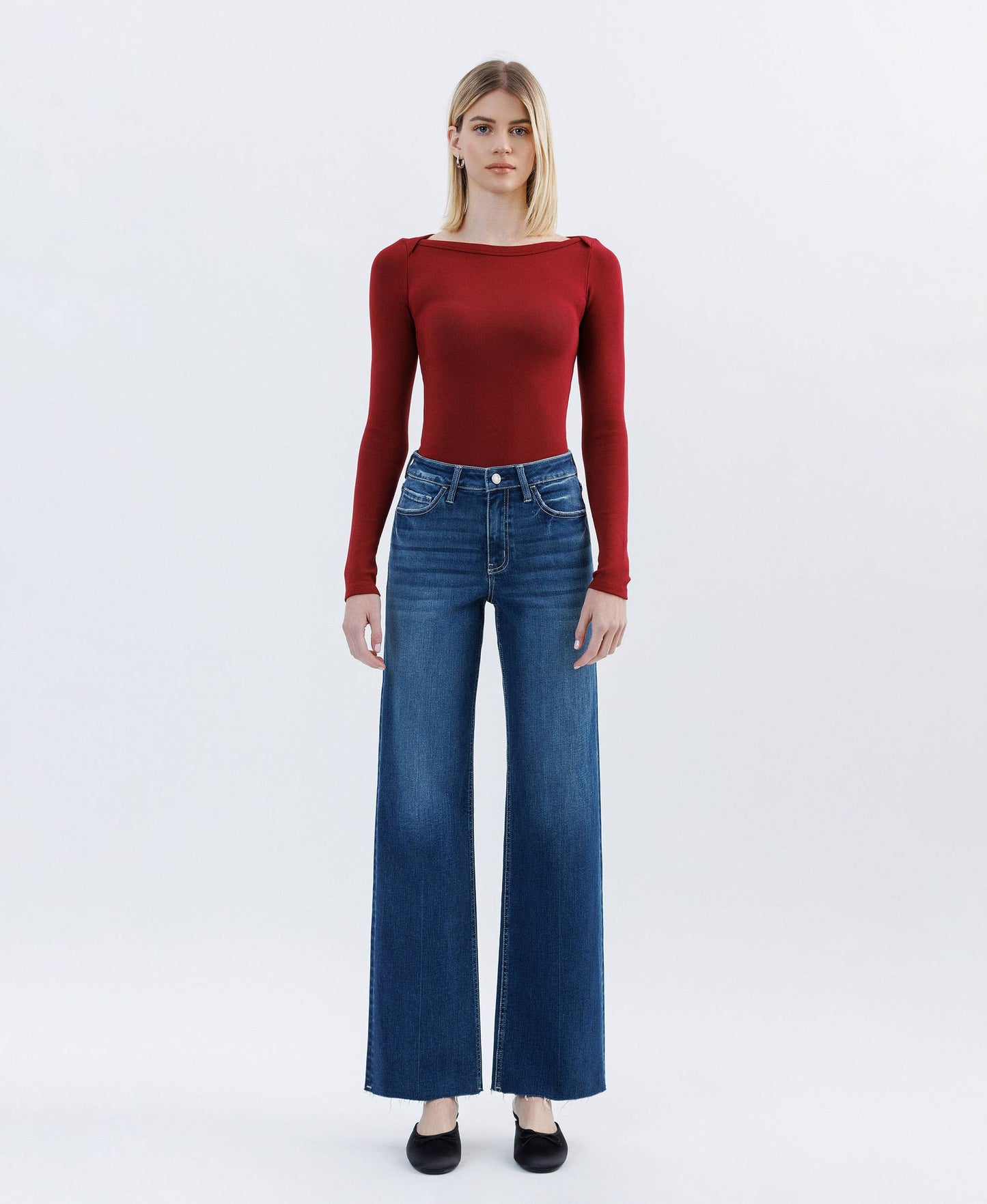 High Rise Raw Hem Slim Wide Jeans