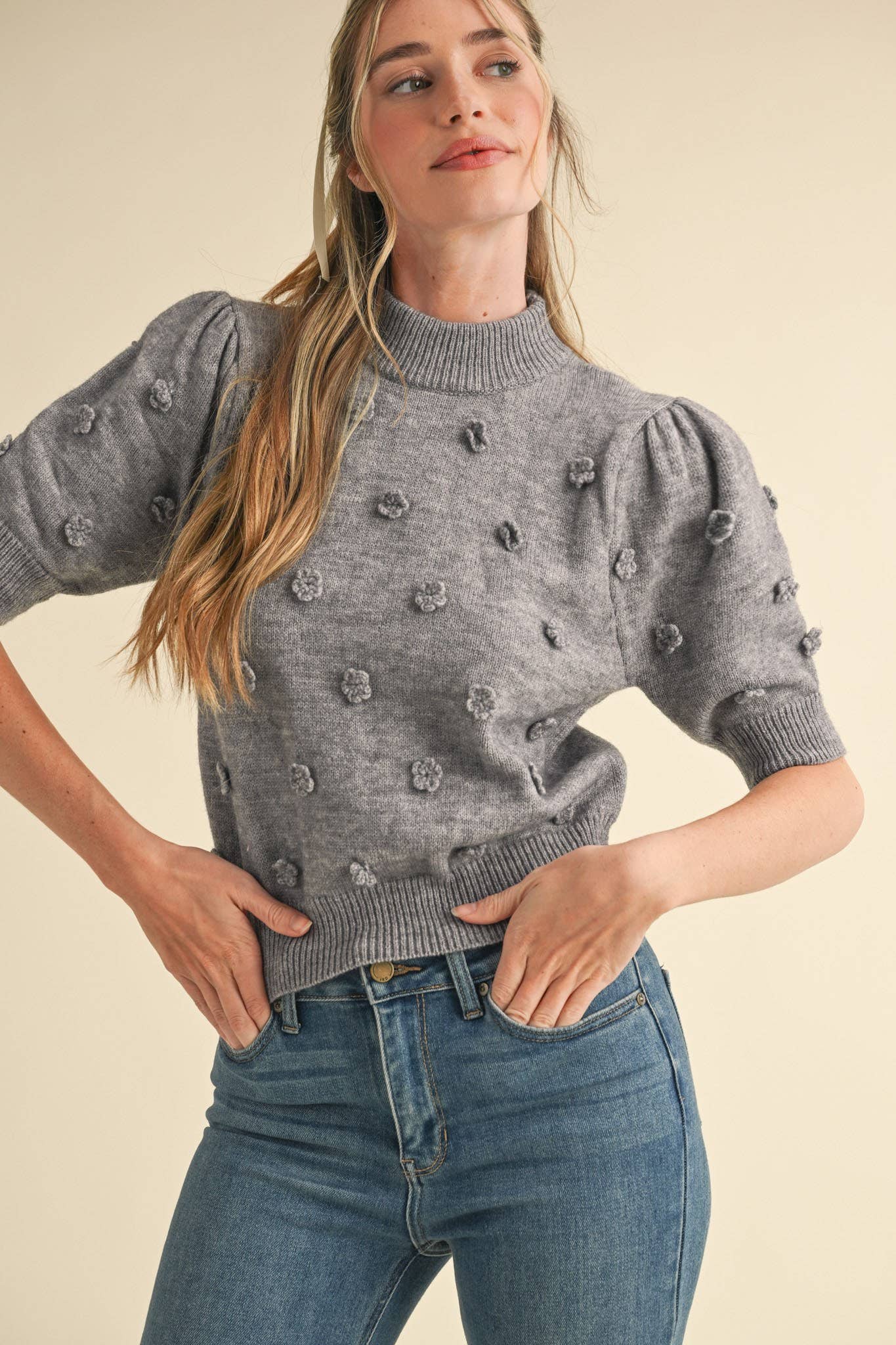 Raised Floral Short Sleeve Sweater