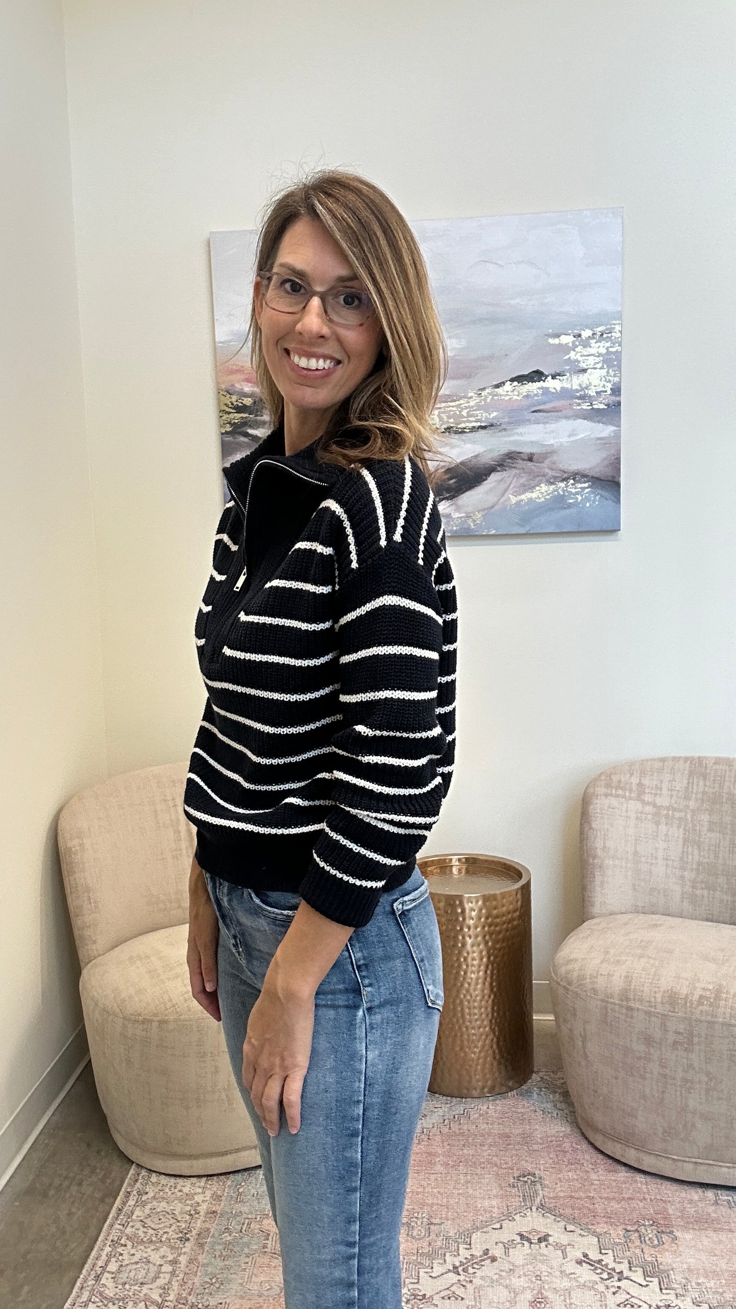 Spread Collar Half Zip Striped Sweater