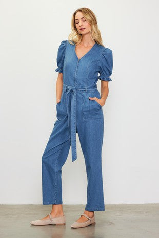 Washed Denim Short Sleeve Jumpsuit