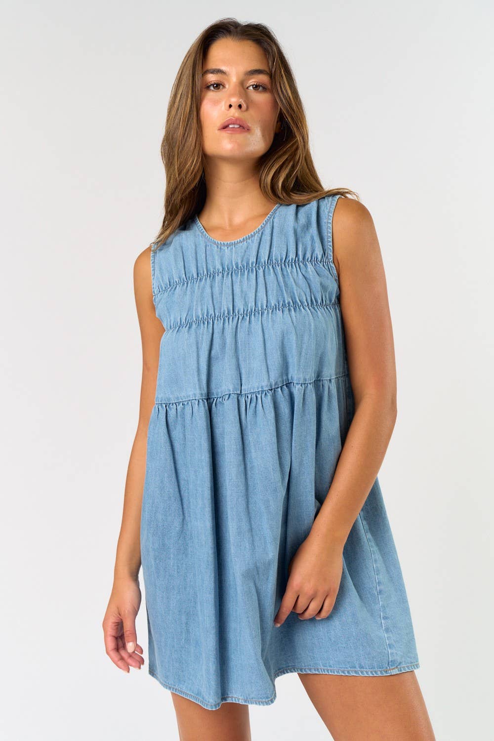 Sleeveless Ruched Denim Mini Dress