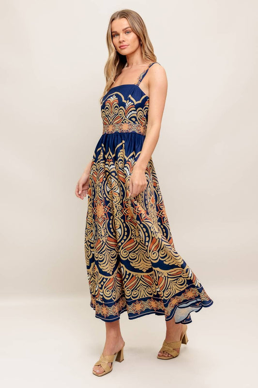 Printed Straight Neck Maxi Dress