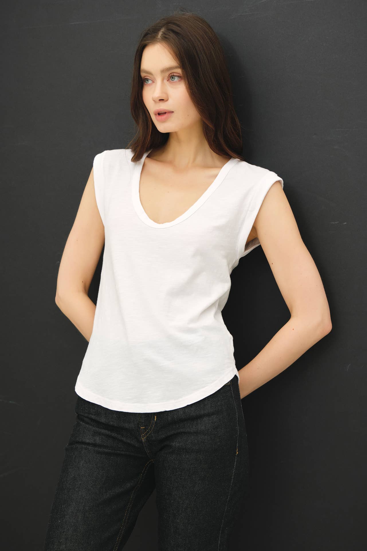 Scoop Neck Folded Sleeve Slub Knit Top