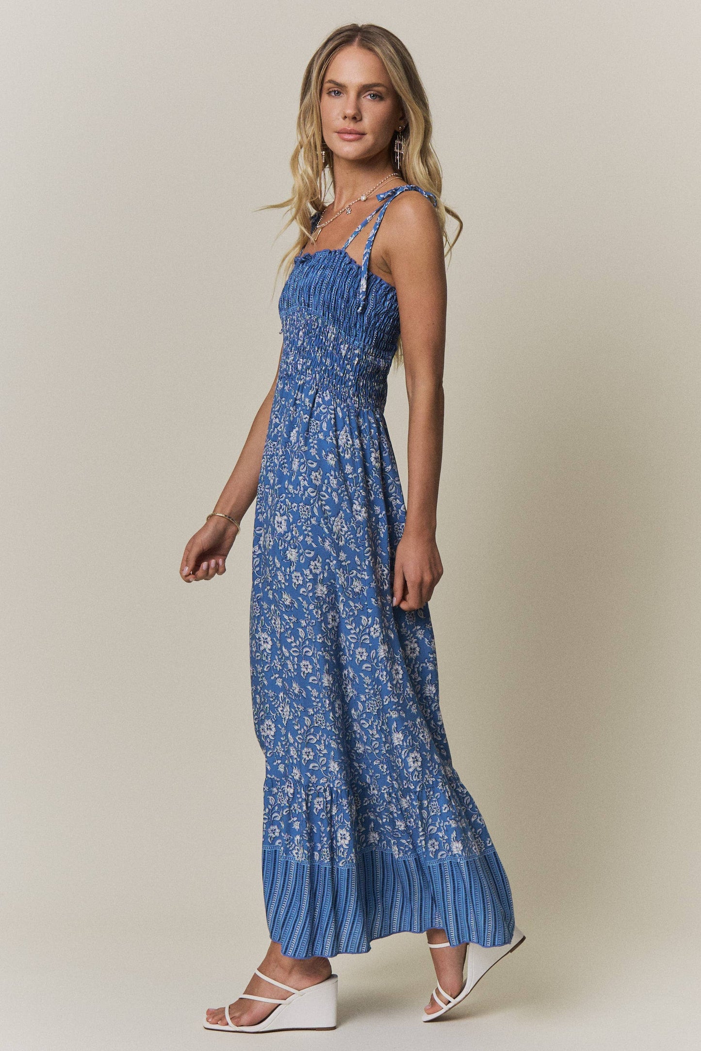 Smocked Tie Strap Floral Maxi Dress