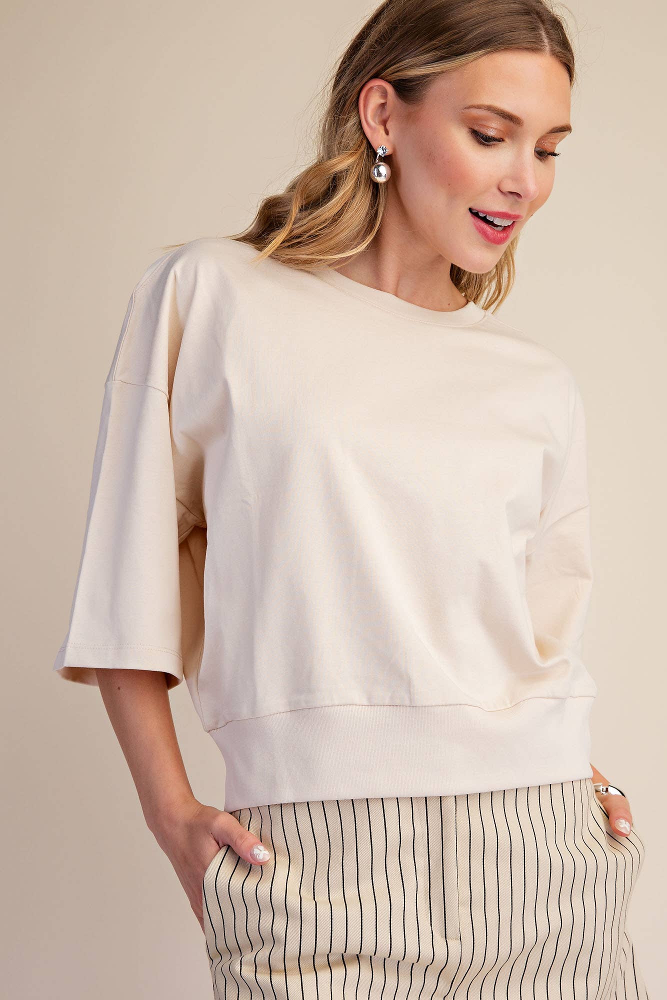 Round Neck Rib Band Pullover Cotton Top