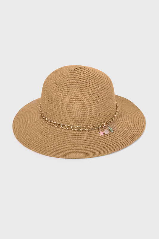 Bucket Straw Hat with Sealife Starfish and Shell Charms