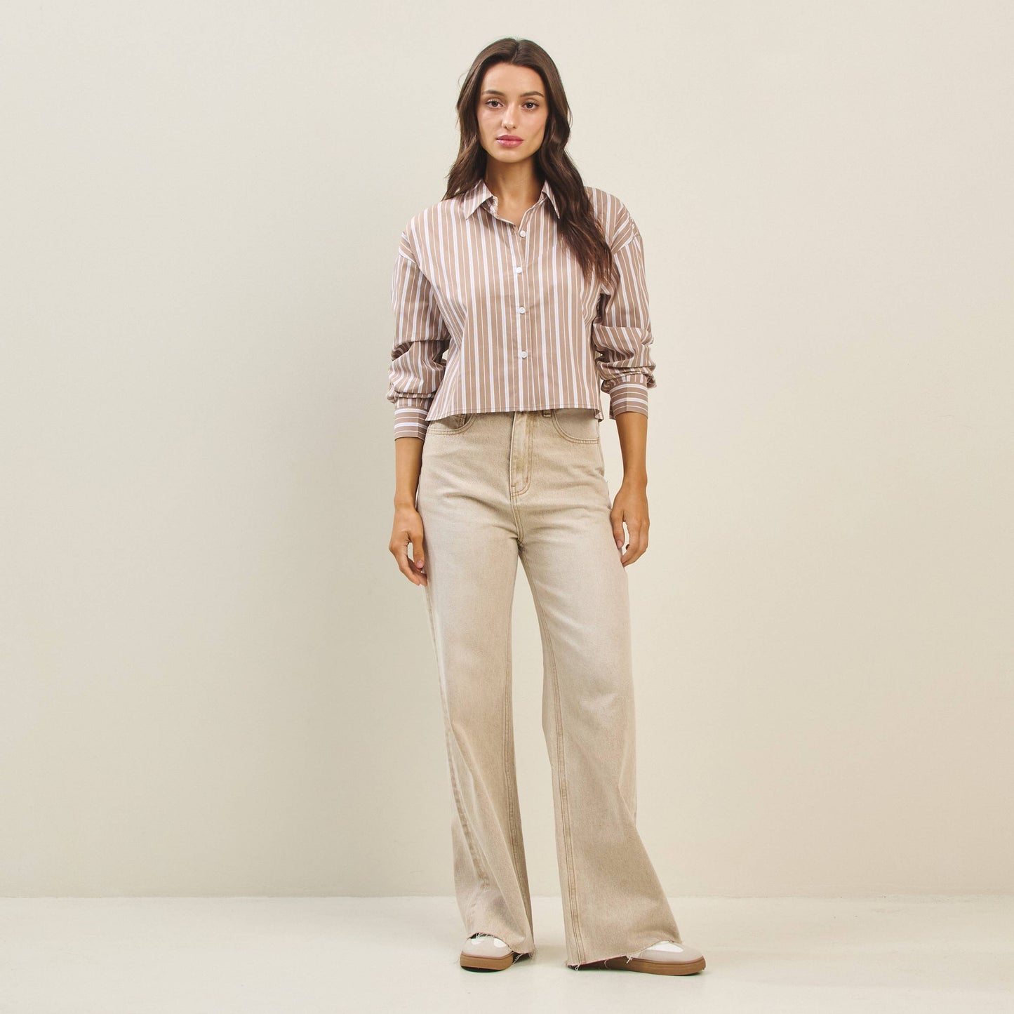 Striped Button Down Crop Length Shirt