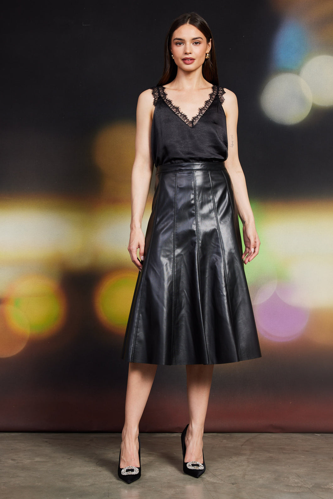 Faux Leather Flare Midi Skirt