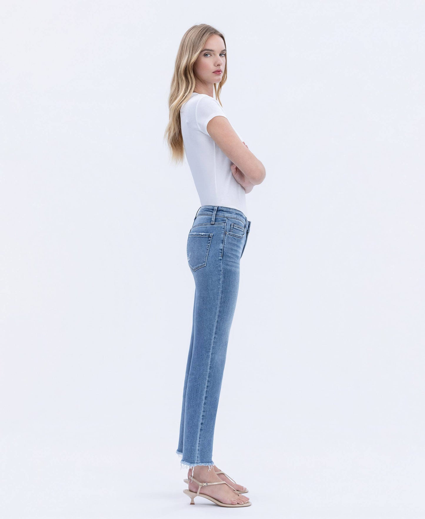 Mid Rise Raw Hem Crop Straight Jeans
