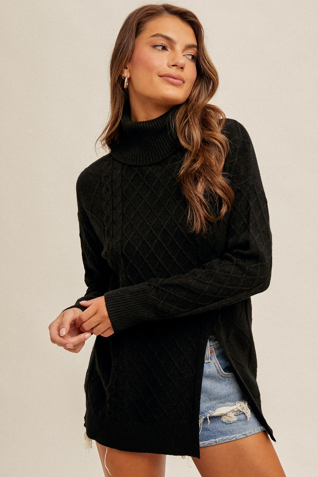 Split Hem Cable Knit Turtleneck Sweater