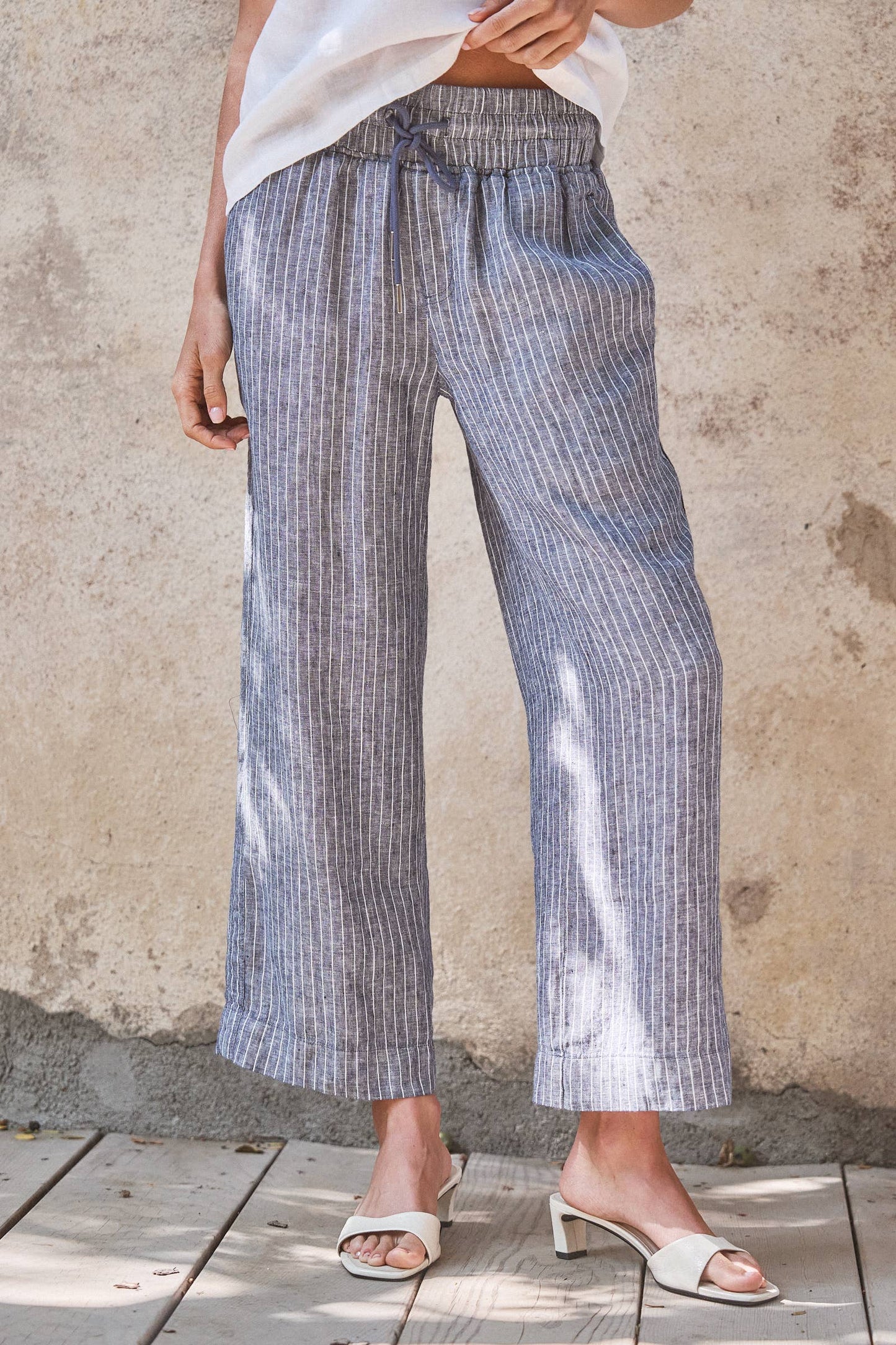 Linen Blend Wide-Leg Drawstring Pants