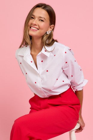 Poplin Embroidered Heart Button Down Shirt