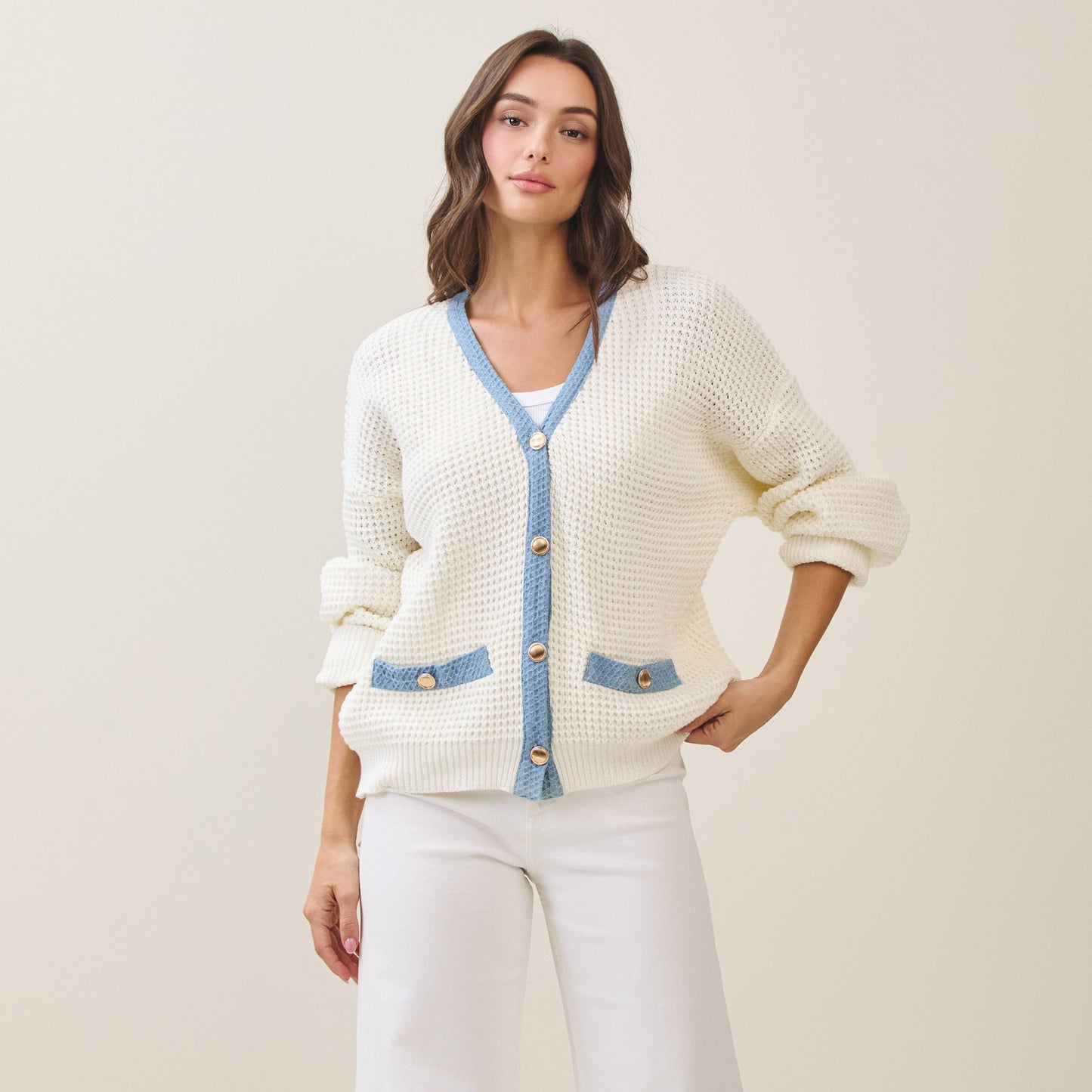Contrast Trim Gold Button Cardigan