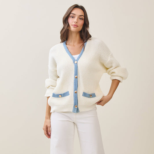 Contrast Trim Gold Button Cardigan