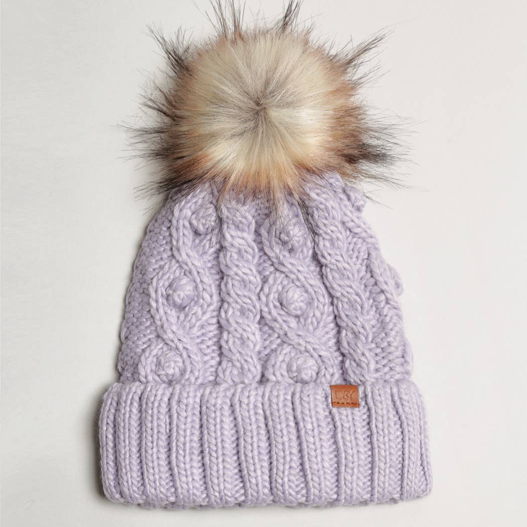 Popcorn Trim Knit Beanie w Faux Fur Pom