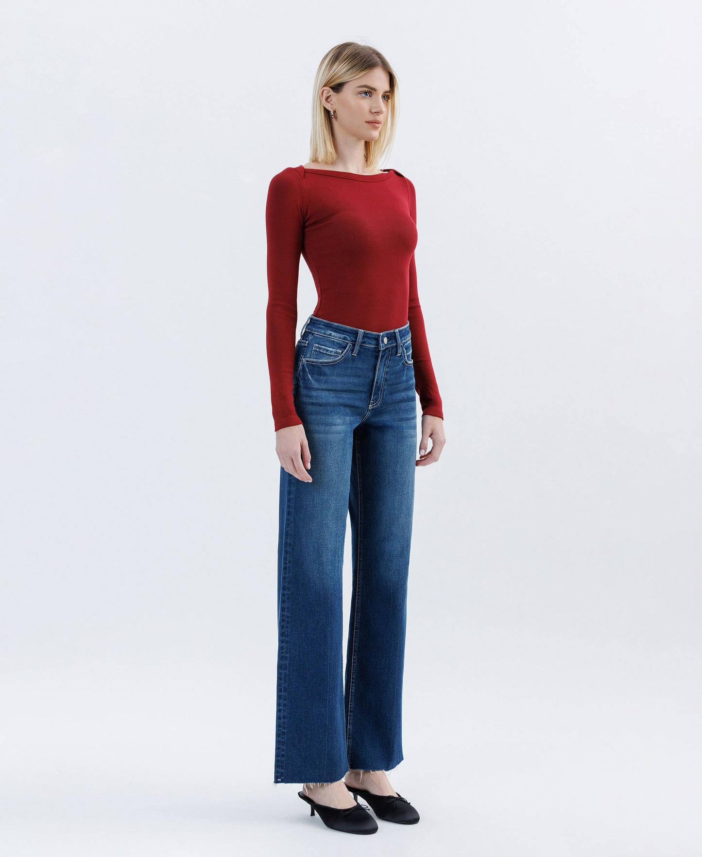 High Rise Raw Hem Slim Wide Jeans