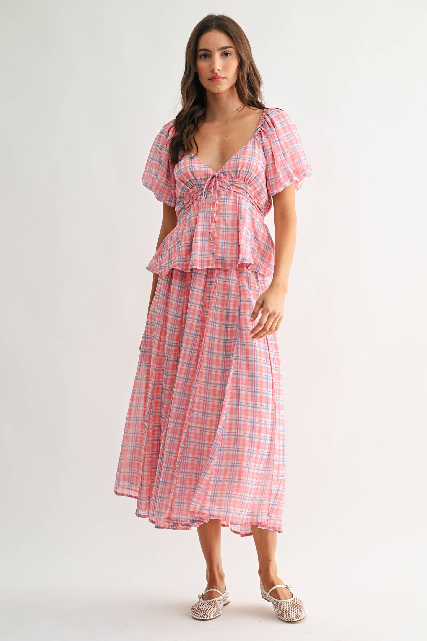 Pink Plaid Midi Skirt