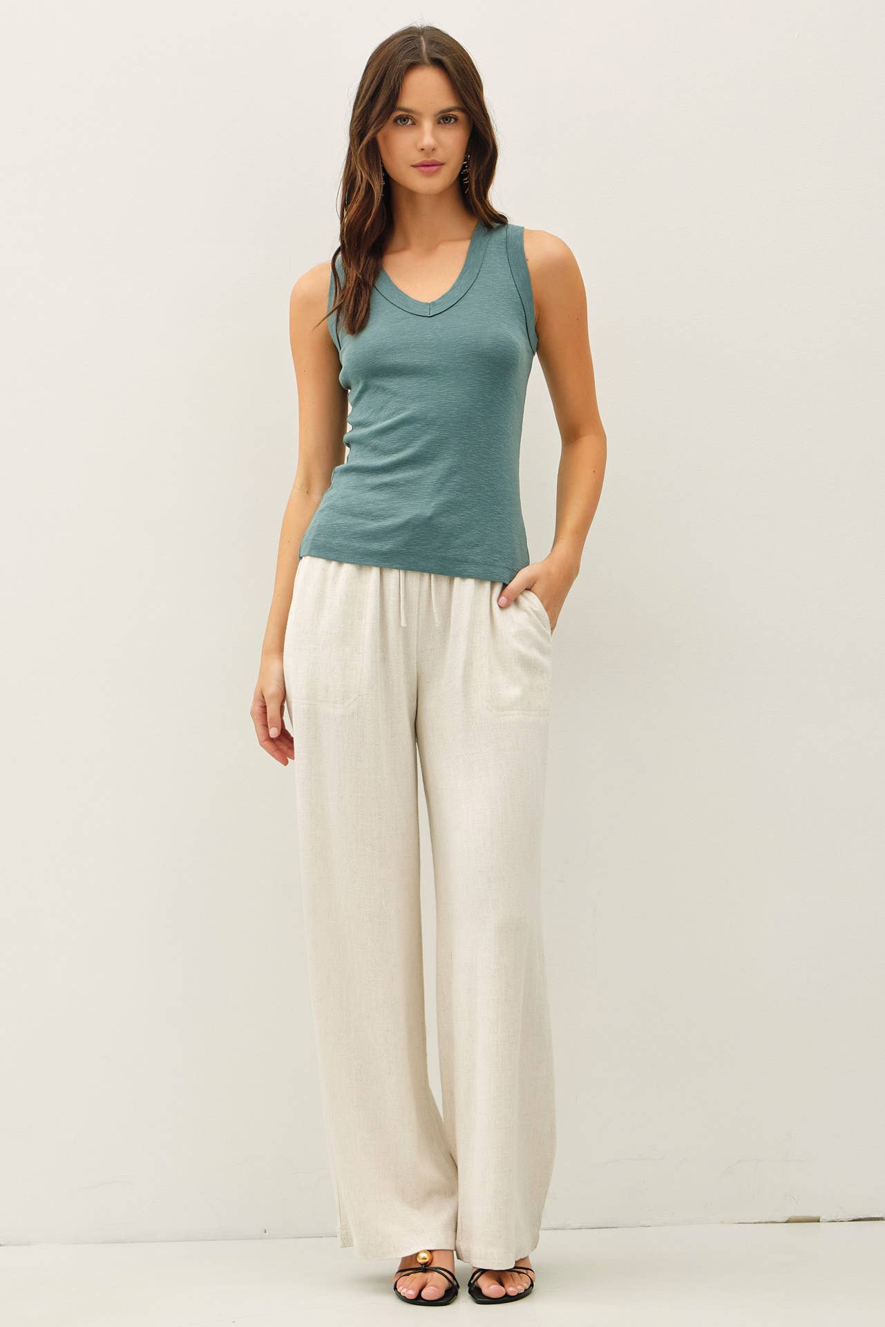 Fitted Slub Cotton V-Neck Tank Top