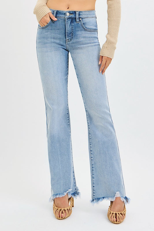 TC Mid Rise Frayed Hem Flare Jeans