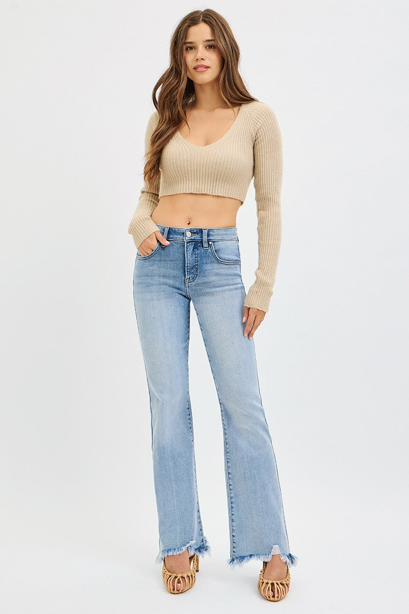 TC Mid Rise Frayed Hem Flare Jeans