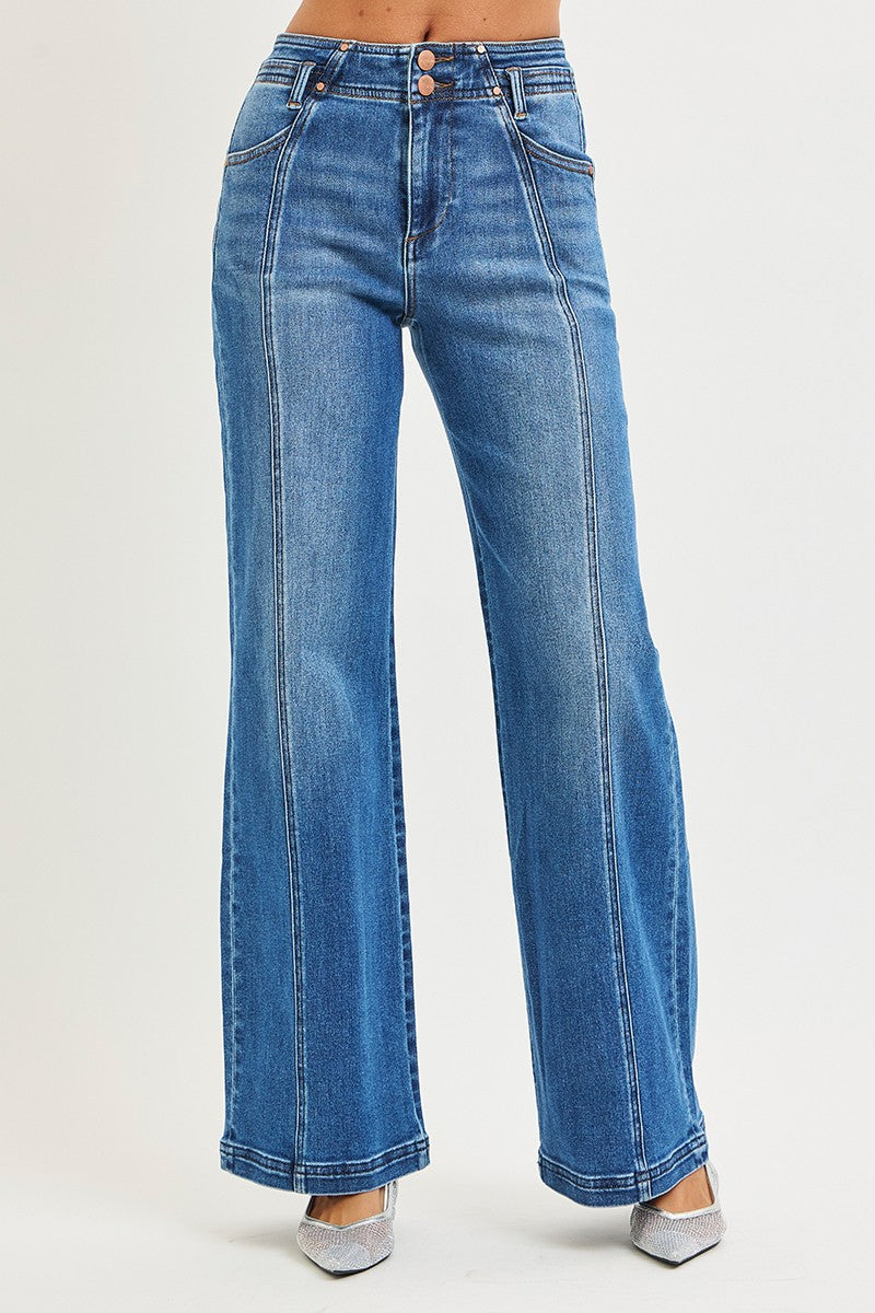 High Rise Curved Seam Wide Leg Jeans