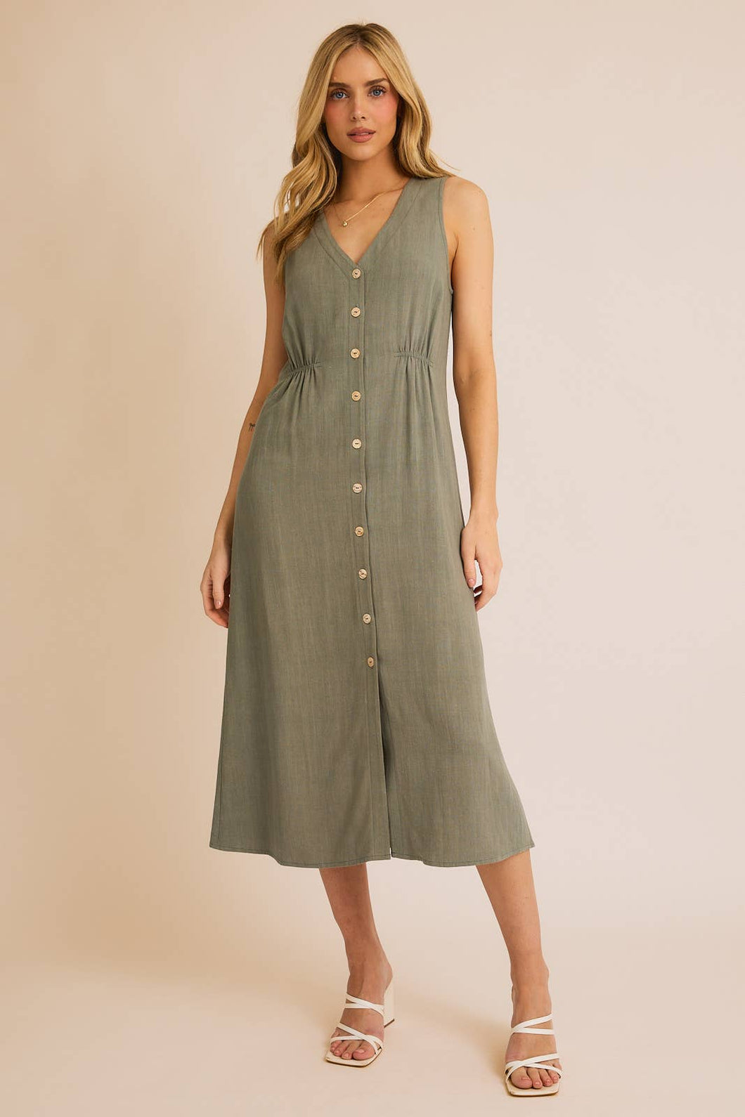 Linen Blend Sleeveless Button Down V-Neck Dress