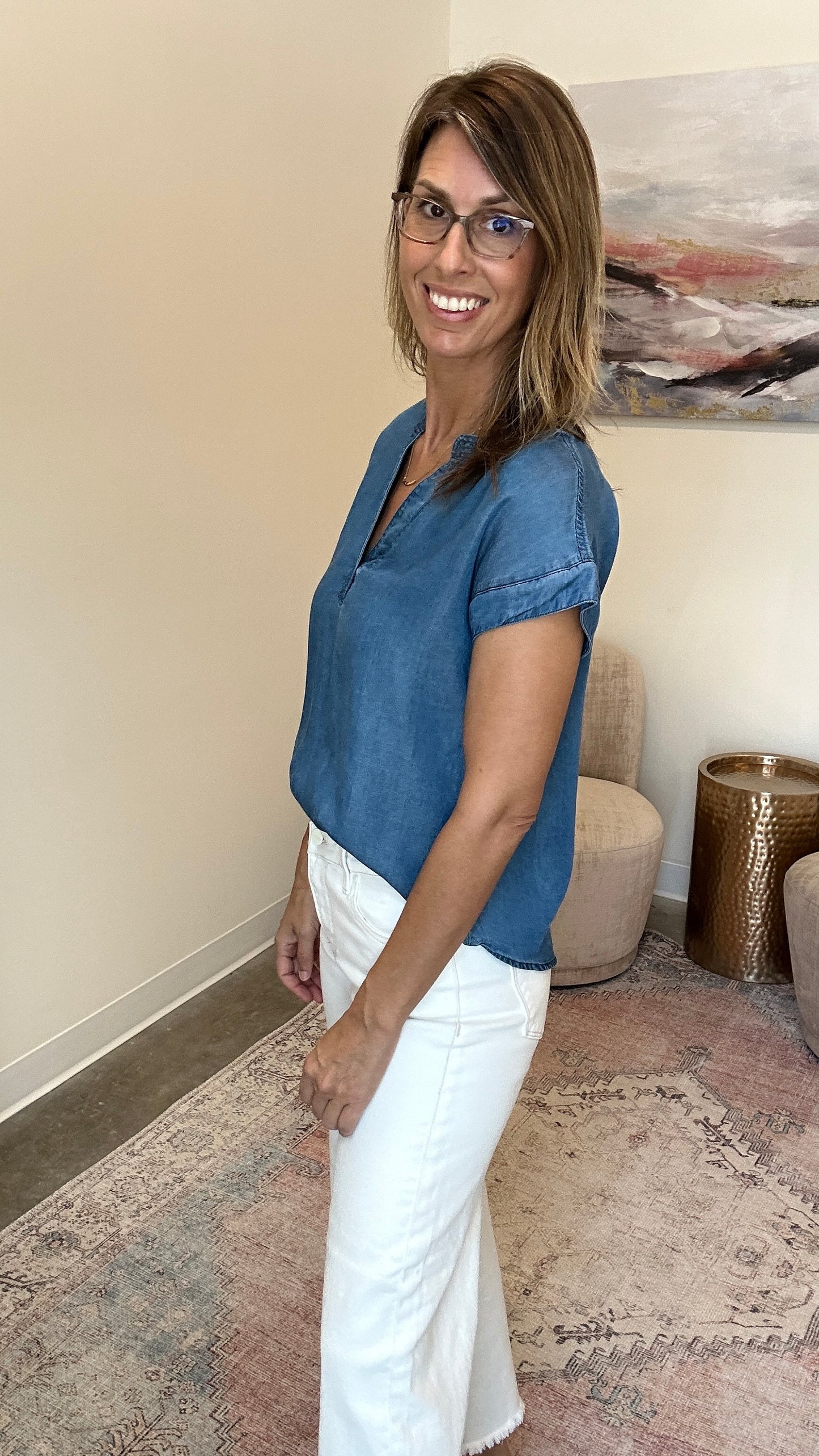 Split Neck Chambray Top