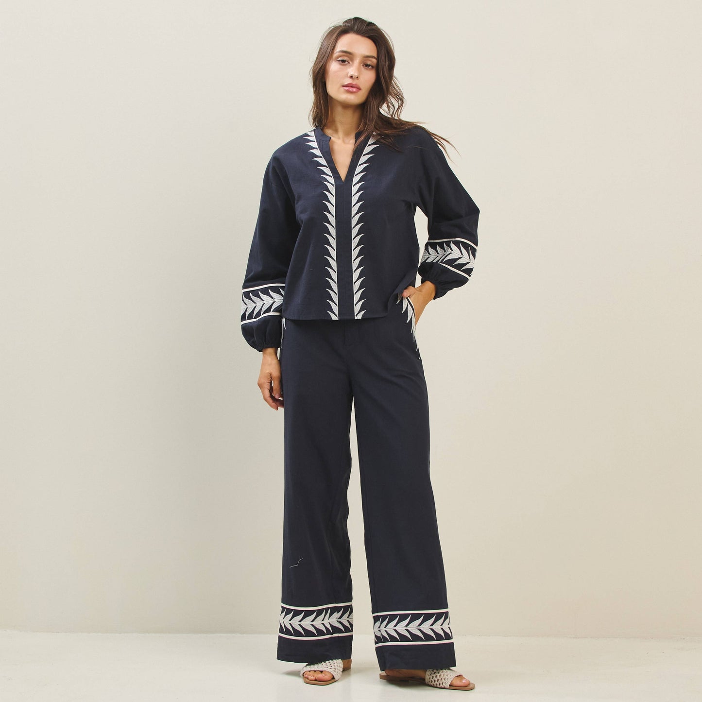 Rental- Embroidered Long Sleeve V-Neck Top