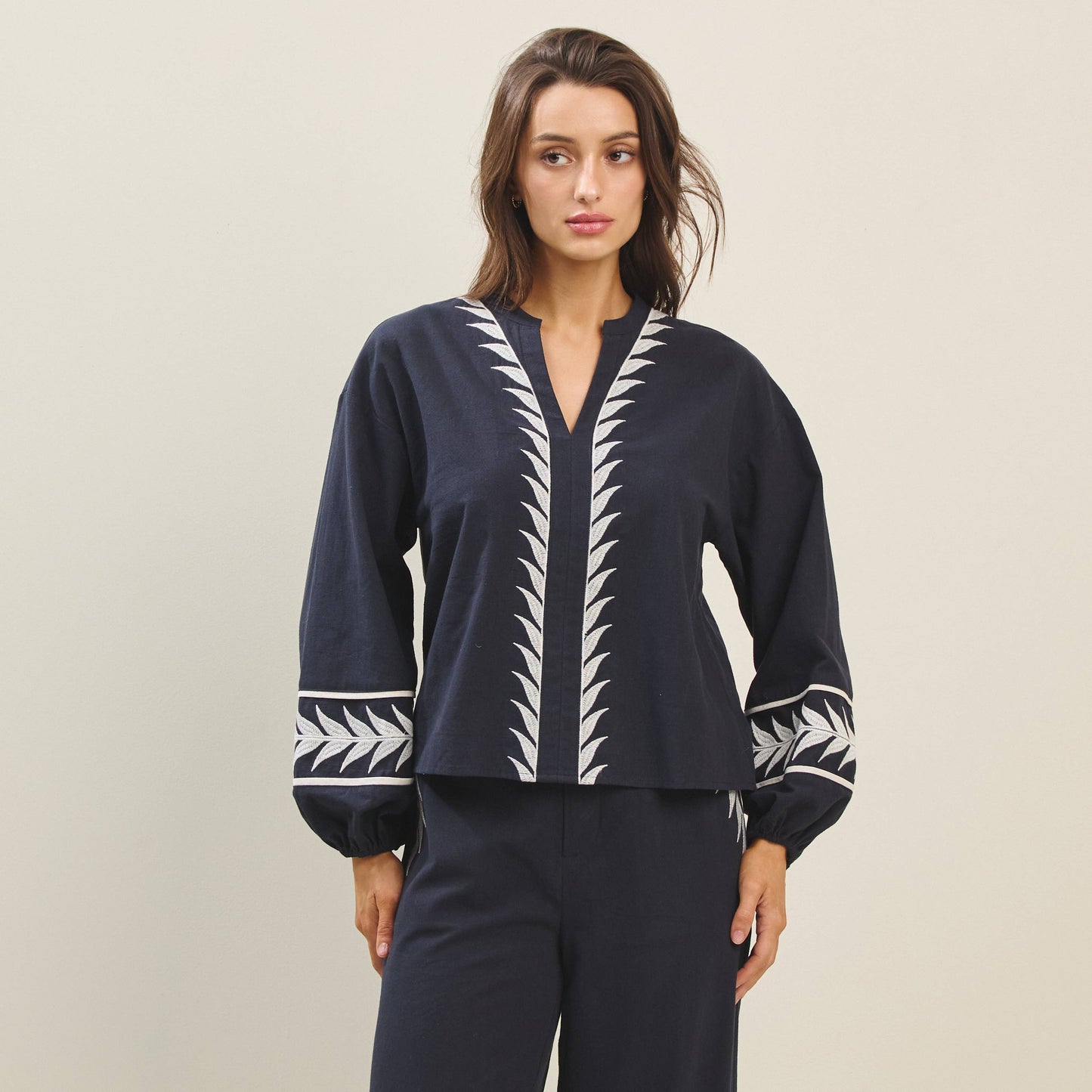 Rental- Embroidered Long Sleeve V-Neck Top