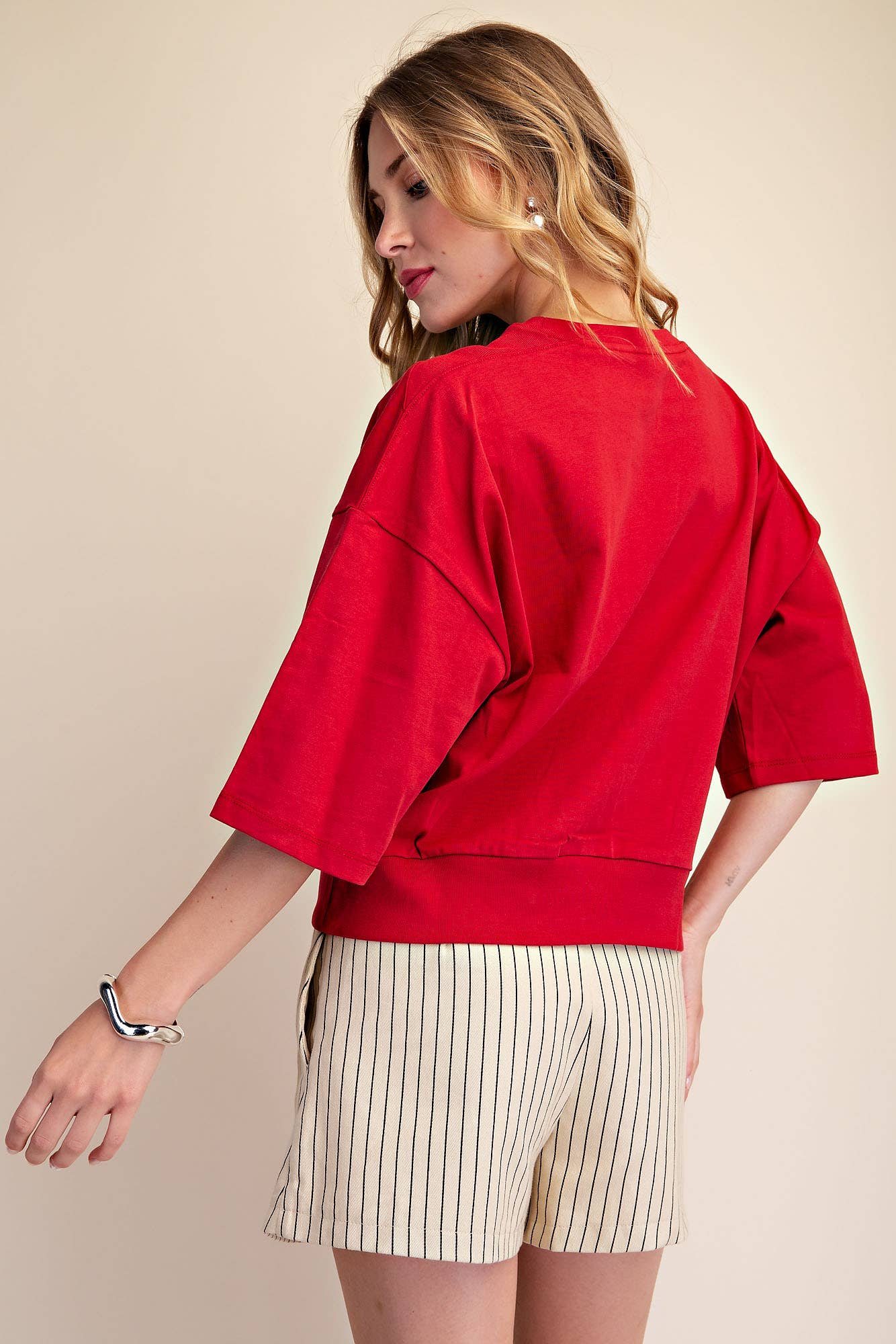Round Neck Rib Band Pullover Cotton Top