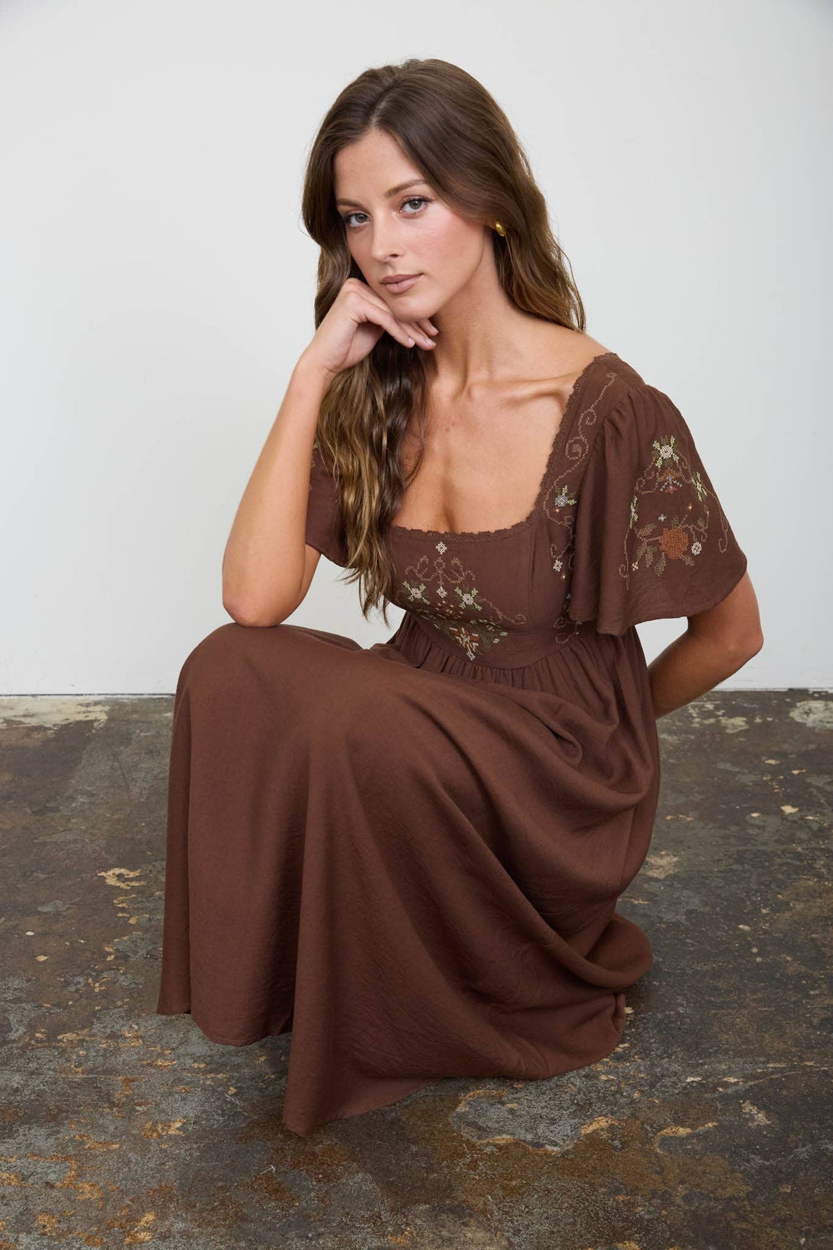Embroidered Bell Sleeve Midi Dress