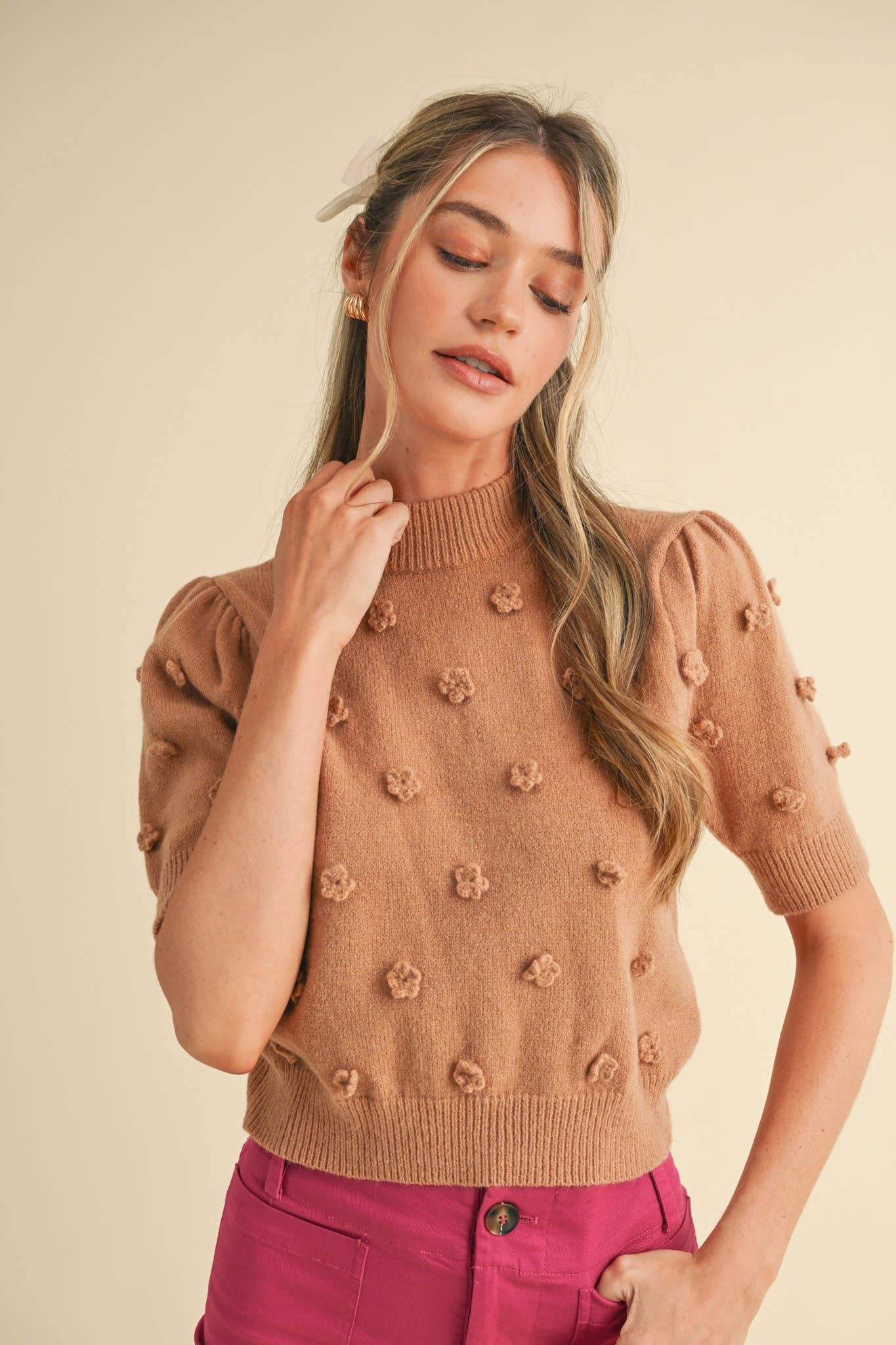 Raised Floral Short Sleeve Sweater